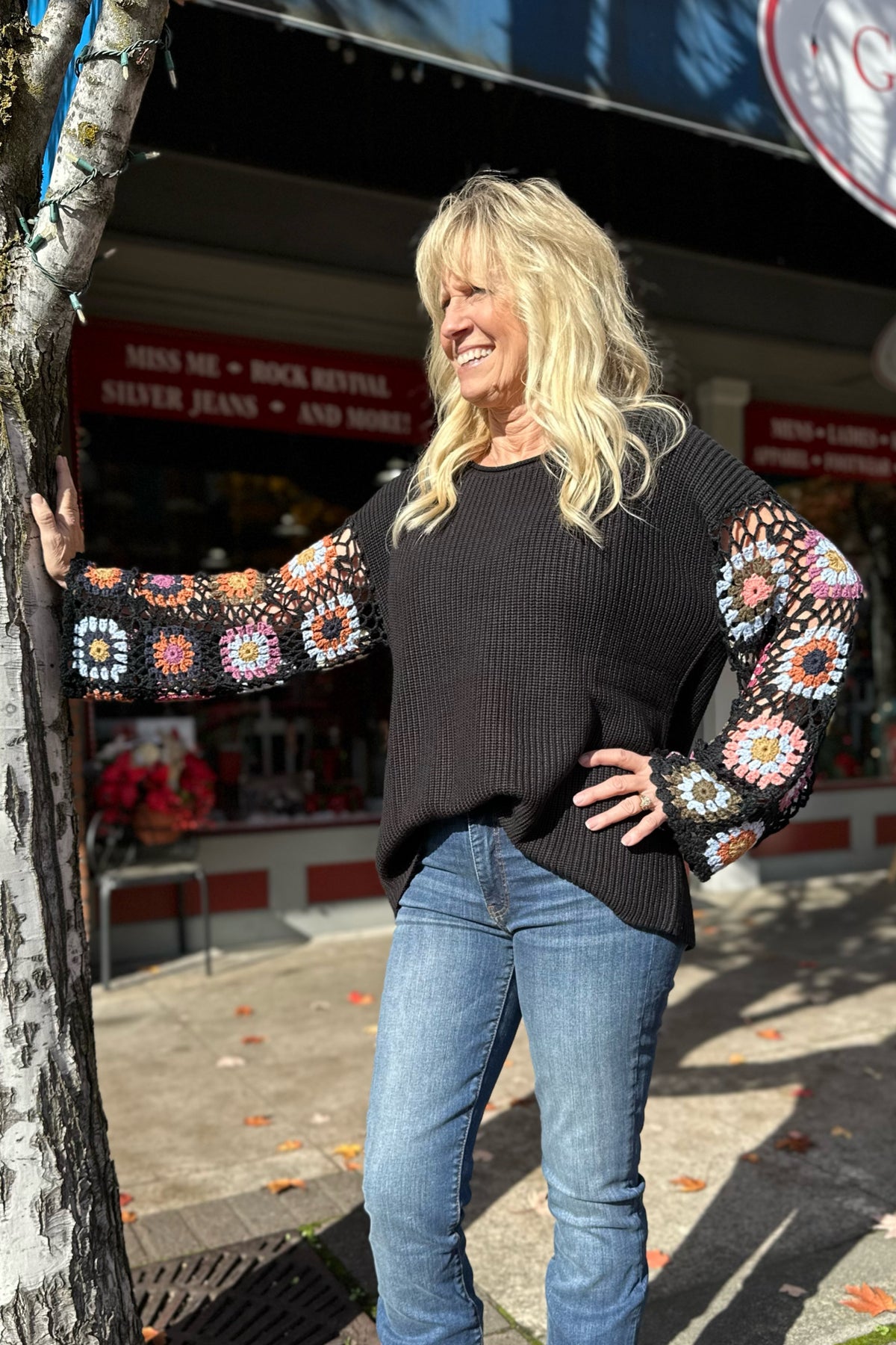 Sweater With Crochet Floral Sleeves-top-Heyson-Gallop 'n Glitz- Women's Western Wear Boutique, Located in Grants Pass, Oregon