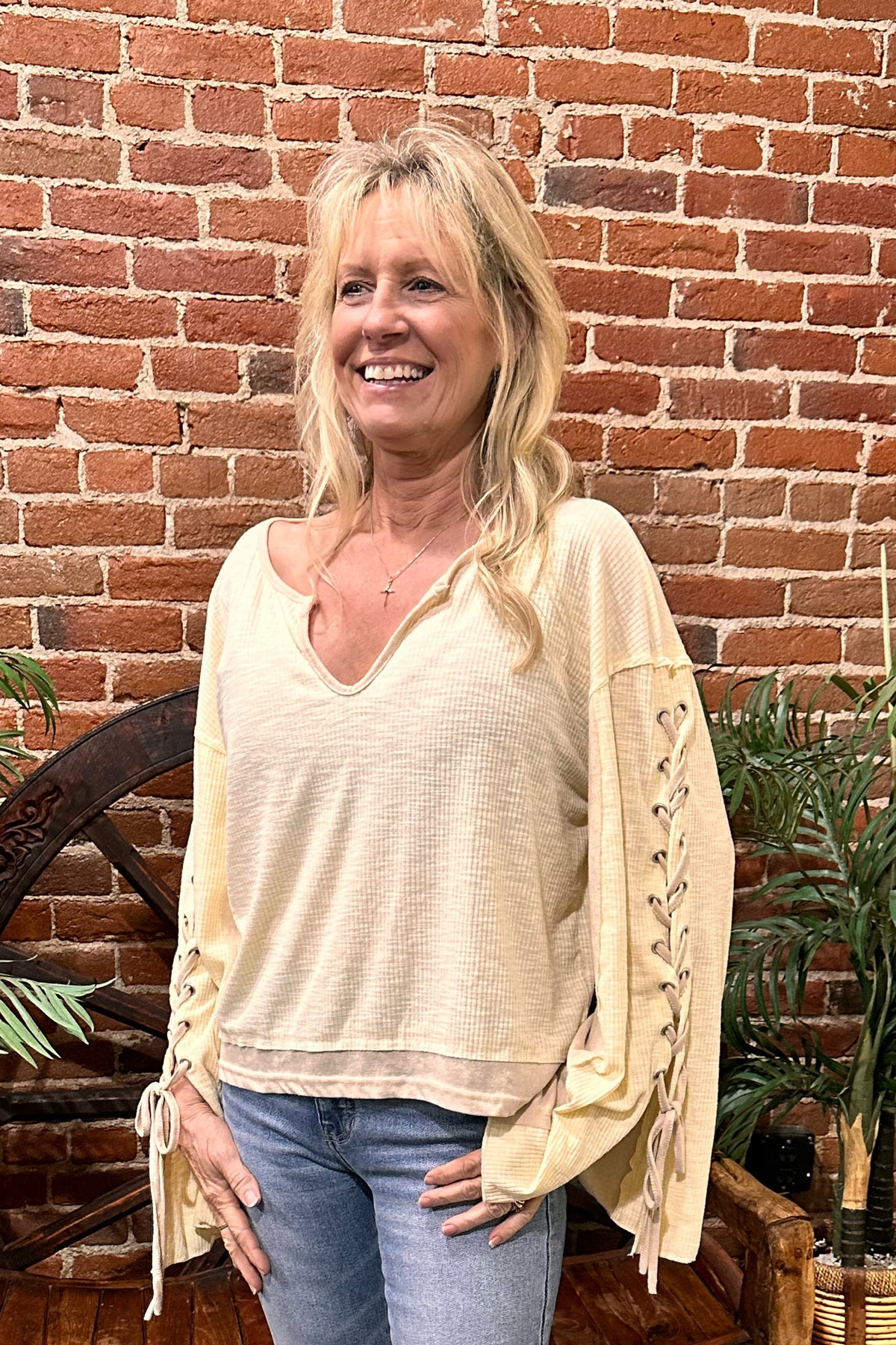 Notched Neck Lace Up Long Sleeve Top by POL-top-POL-Gallop 'n Glitz- Women's Western Wear Boutique, Located in Grants Pass, Oregon