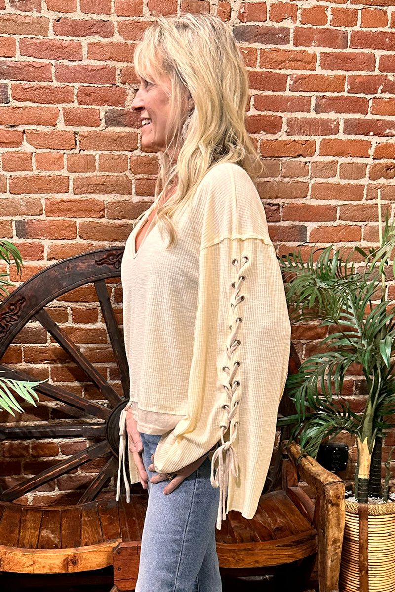 Notched Neck Lace Up Long Sleeve Top by POL-top-POL-Gallop 'n Glitz- Women's Western Wear Boutique, Located in Grants Pass, Oregon