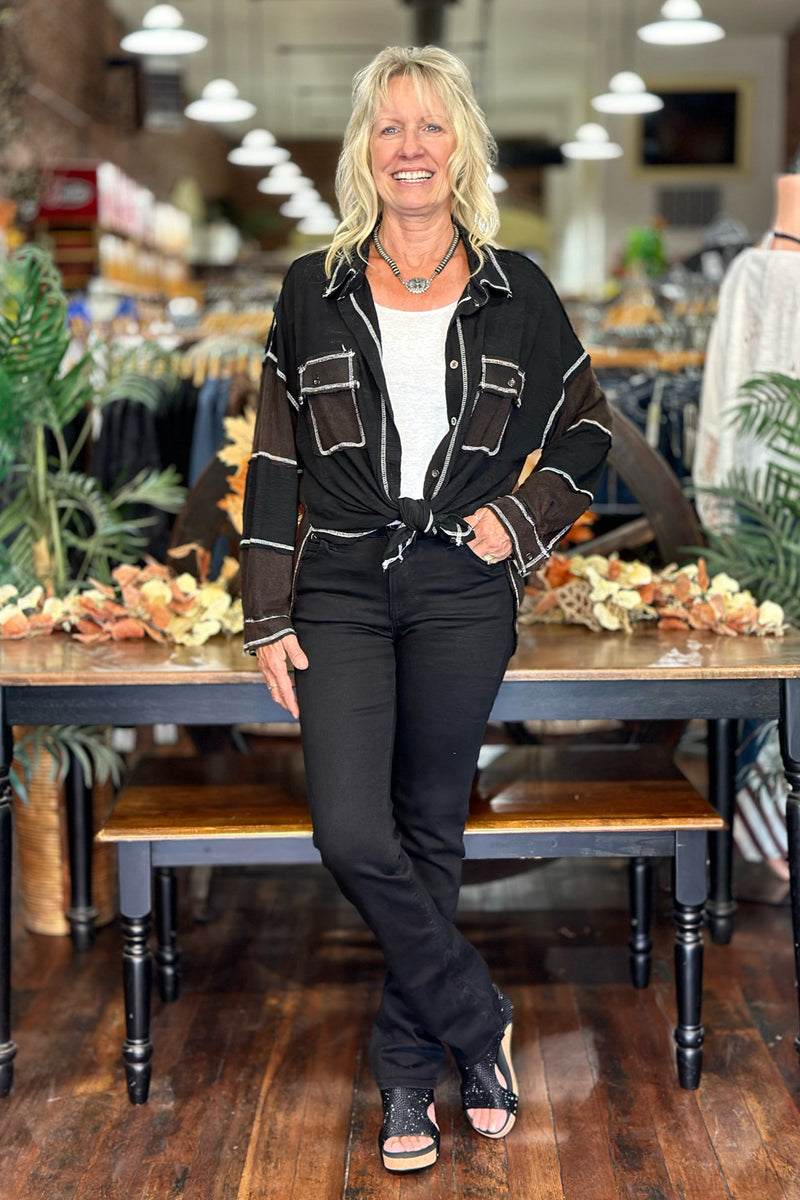 Brown and Black Oversized Button Down by POL-Top-POL-Gallop 'n Glitz- Women's Western Wear Boutique, Located in Grants Pass, Oregon