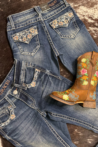Girls Floral and Crystal Faux Flap Design Bootcut Jean by Grace in LA-Kids Bootcut-Grace in LA-Gallop 'n Glitz- Women's Western Wear Boutique, Located in Grants Pass, Oregon