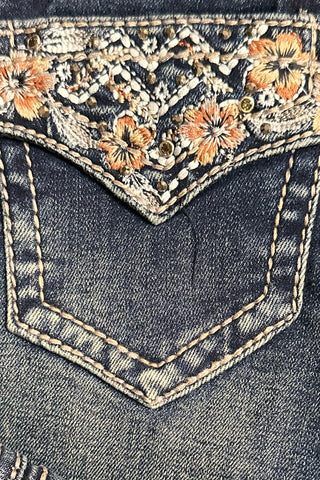 Girls Floral and Crystal Faux Flap Design Bootcut Jean by Grace in LA-Kids Bootcut-Grace in LA-Gallop 'n Glitz- Women's Western Wear Boutique, Located in Grants Pass, Oregon