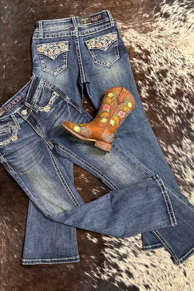 Girls Floral and Crystal Faux Flap Design Bootcut Jean by Grace in LA-Kids-Grace in LA-Gallop 'n Glitz- Women's Western Wear Boutique, Located in Grants Pass, Oregon