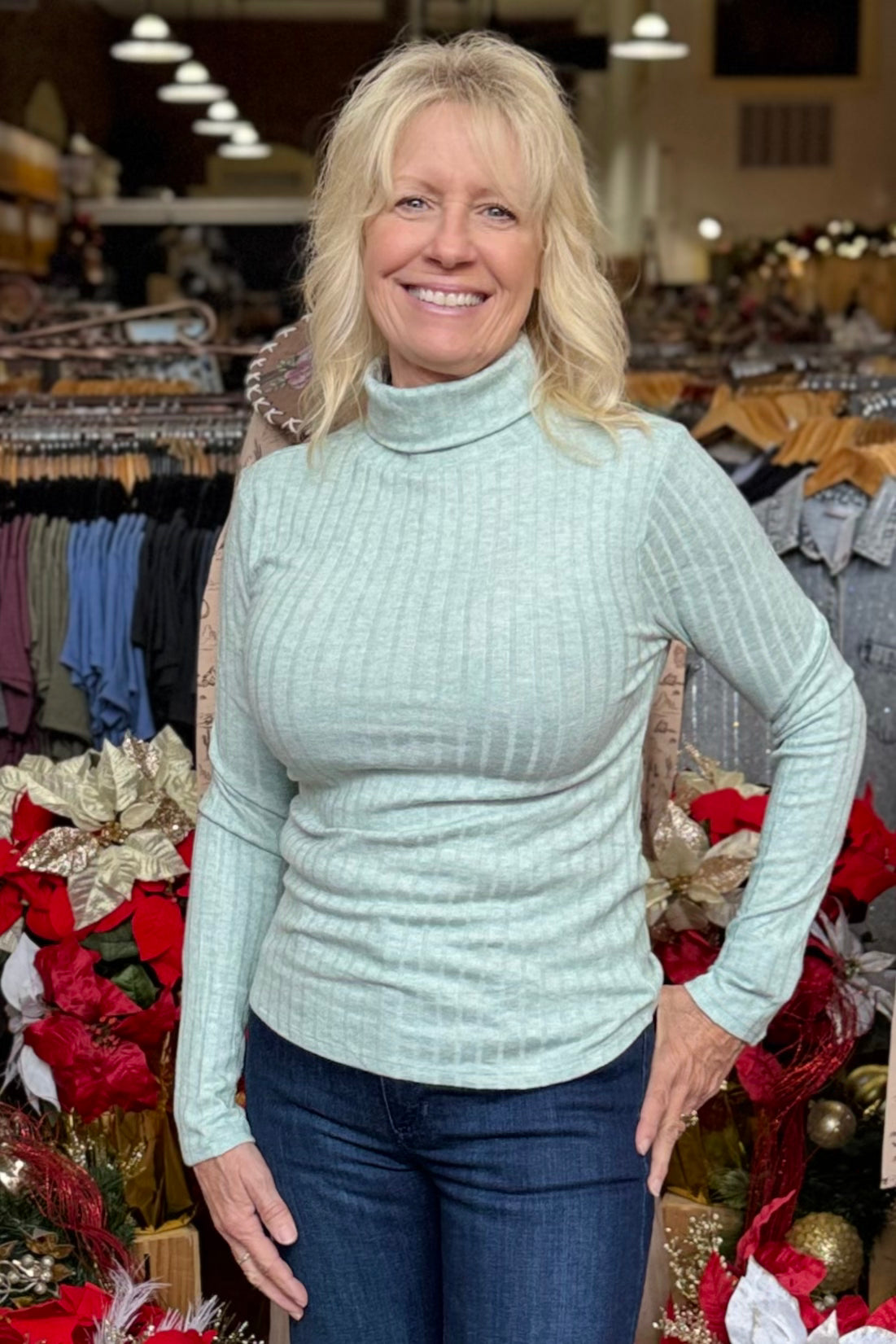 Ribbed Long Sleeve Turtle Neck - Lt Green-Door Buster-Zenana-Gallop 'n Glitz- Women's Western Wear Boutique, Located in Grants Pass, Oregon