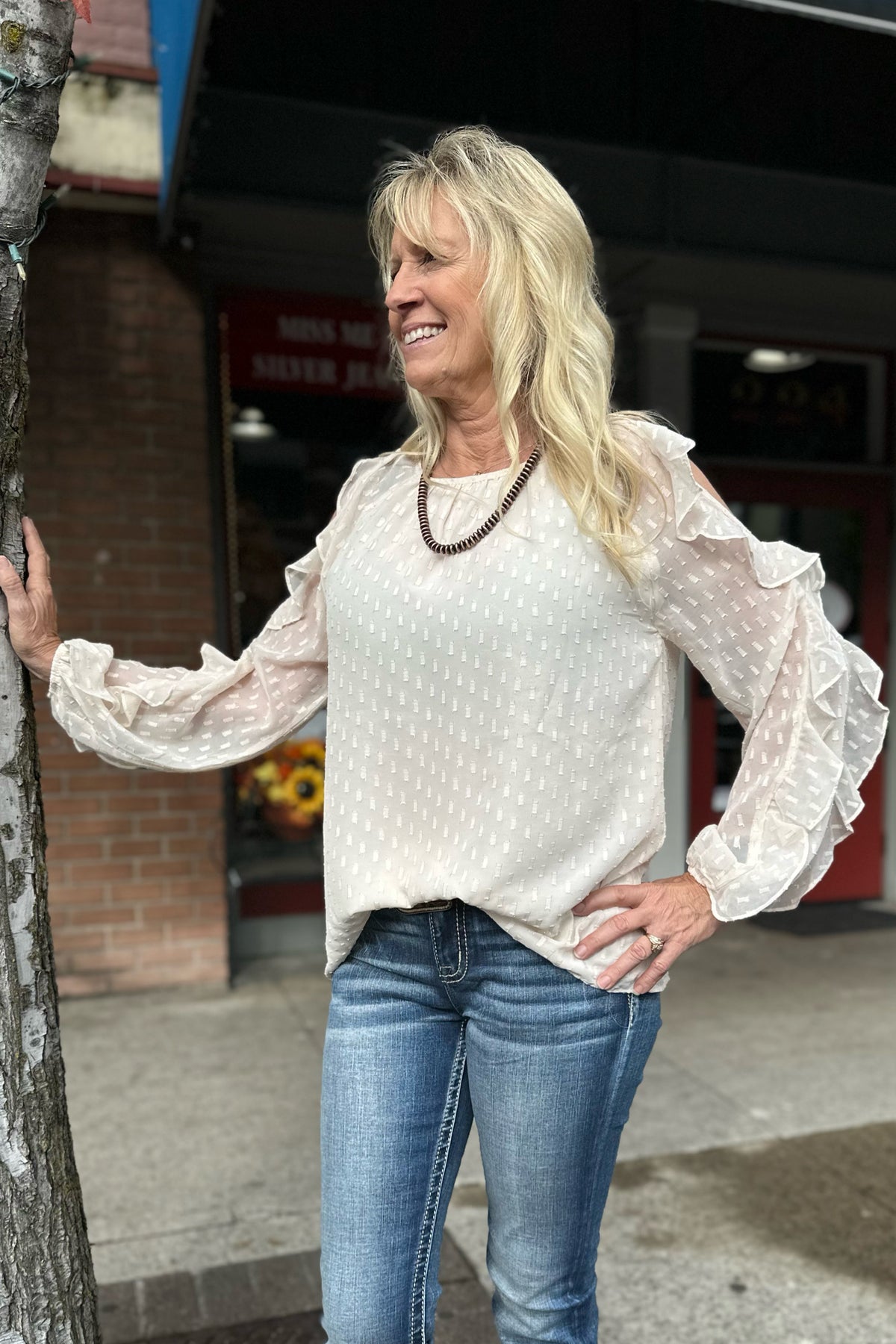 Ruffled Champagne Cold Shoulder Blouse-top-Allie Rose-Gallop 'n Glitz- Women's Western Wear Boutique, Located in Grants Pass, Oregon
