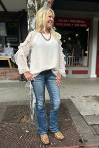 Ruffled Champagne Cold Shoulder Blouse-top-Allie Rose-Gallop 'n Glitz- Women's Western Wear Boutique, Located in Grants Pass, Oregon