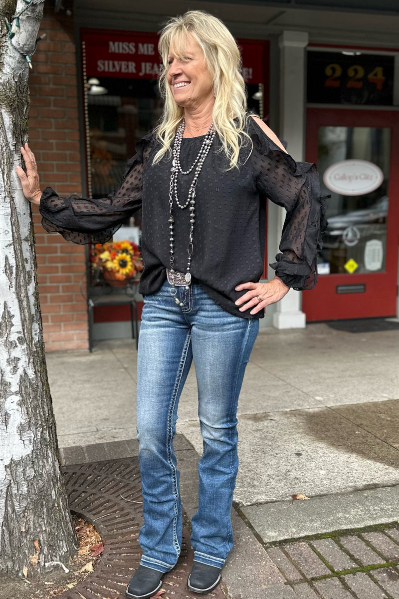 Ruffled Black Cold Shoulder Blouse-top-Allie Rose-Gallop 'n Glitz- Women's Western Wear Boutique, Located in Grants Pass, Oregon