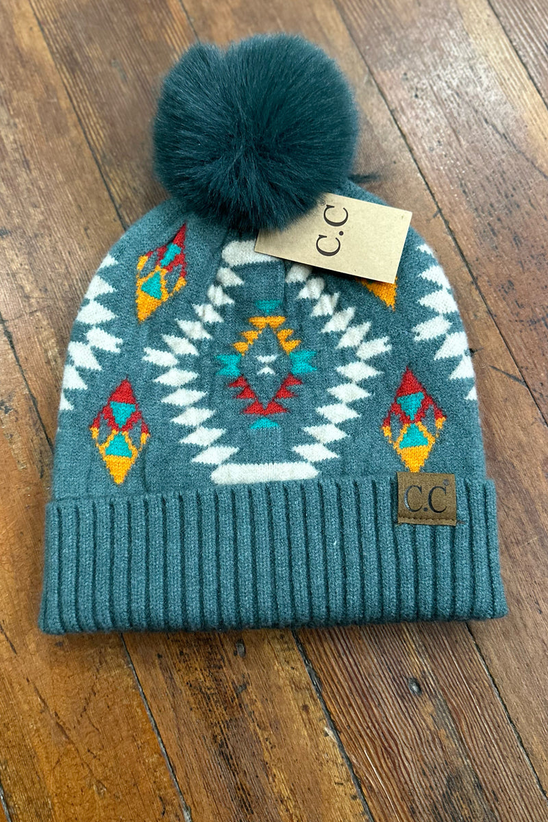 Aztec Patterned Faux Fur Pom Beanie Hat-Beanie/Scarf-C.C. Beanie-Gallop 'n Glitz- Women's Western Wear Boutique, Located in Grants Pass, Oregon