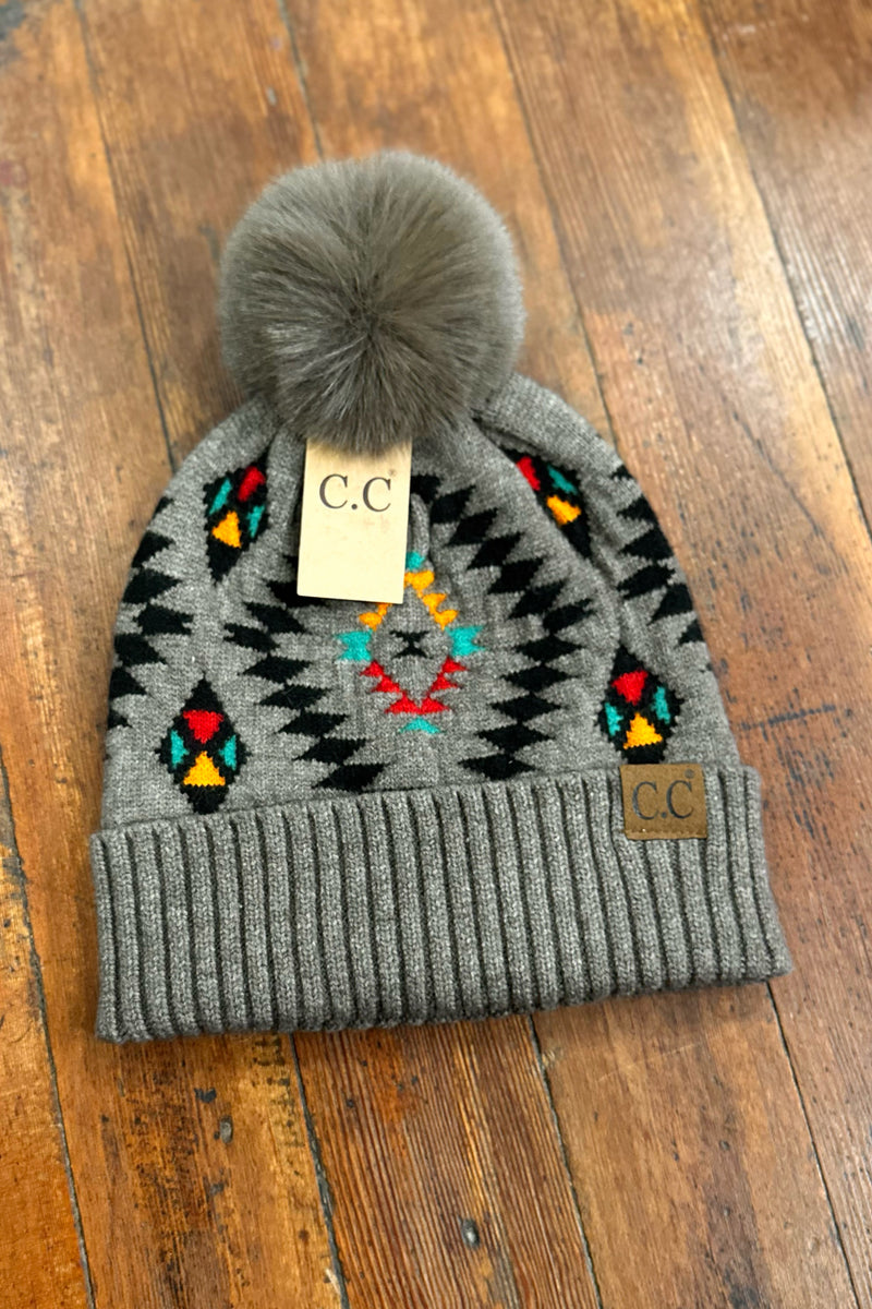Aztec Patterned Faux Fur Pom Beanie Hat-Beanie/Scarf-C.C. Beanie-Gallop 'n Glitz- Women's Western Wear Boutique, Located in Grants Pass, Oregon