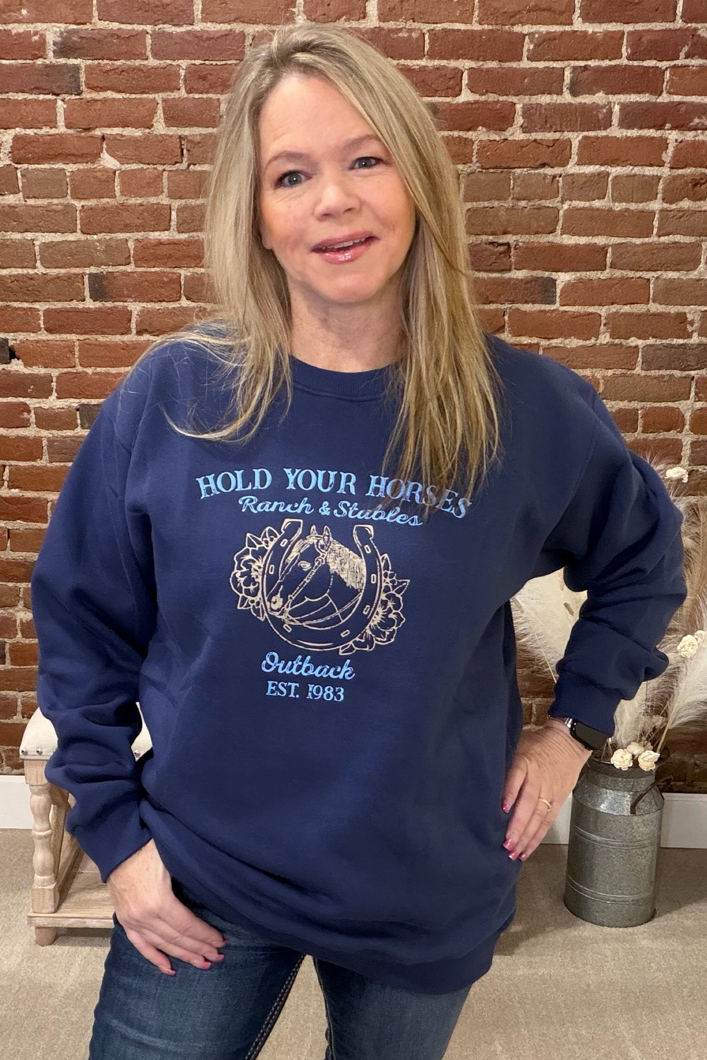 Hold Your Horses Sweatshirt by Outback-top-Outback Trading-Gallop 'n Glitz- Women's Western Wear Boutique, Located in Grants Pass, Oregon