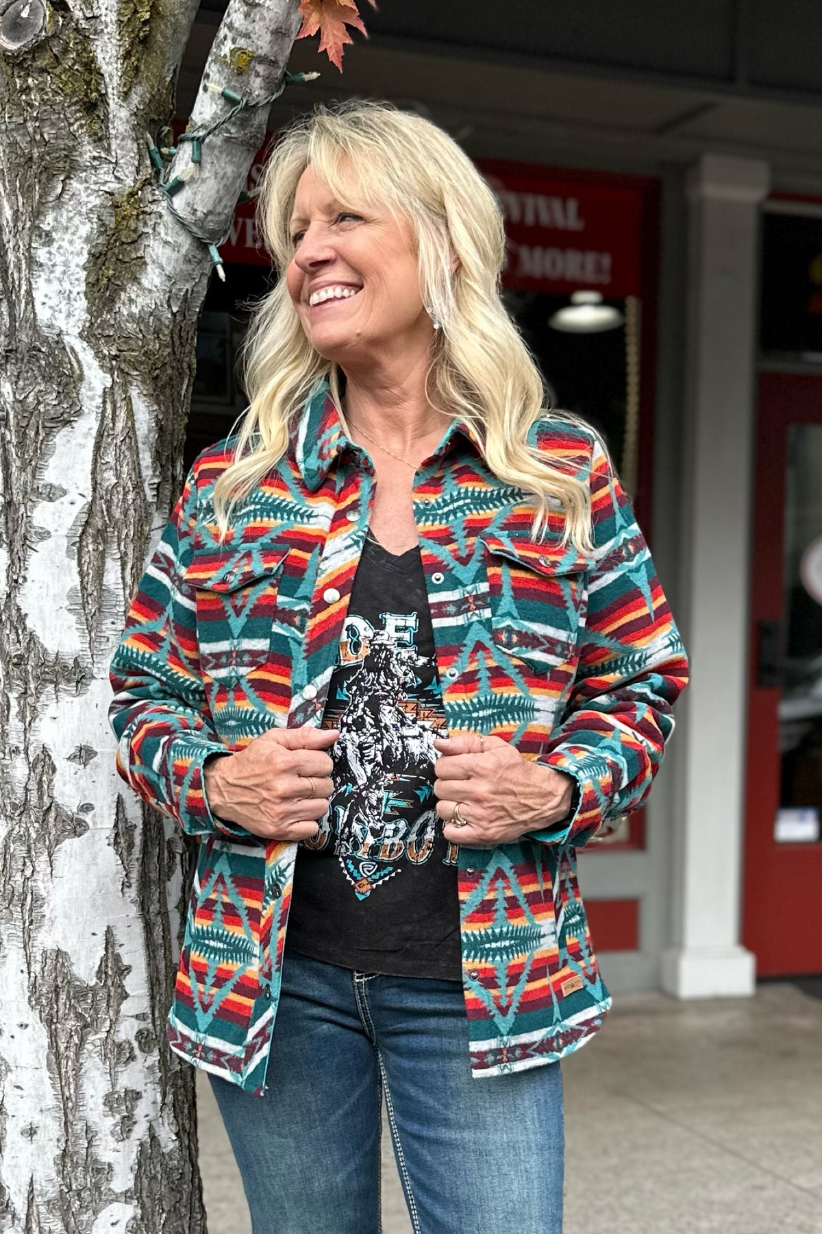 Women's Teal Aztec Jacquard Wool-Blend Shirt Jacket by Powder River-Shacket-Powder River Outfitters-Gallop 'n Glitz- Women's Western Wear Boutique, Located in Grants Pass, Oregon