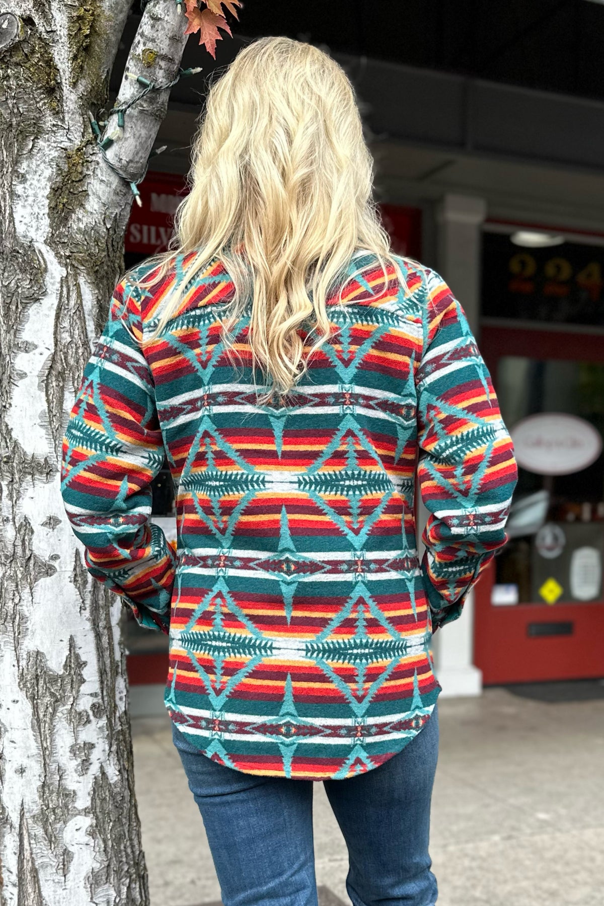 Women's Teal Aztec Jacquard Wool-Blend Shirt Jacket by Powder River-Shacket-Powder River Outfitters-Gallop 'n Glitz- Women's Western Wear Boutique, Located in Grants Pass, Oregon