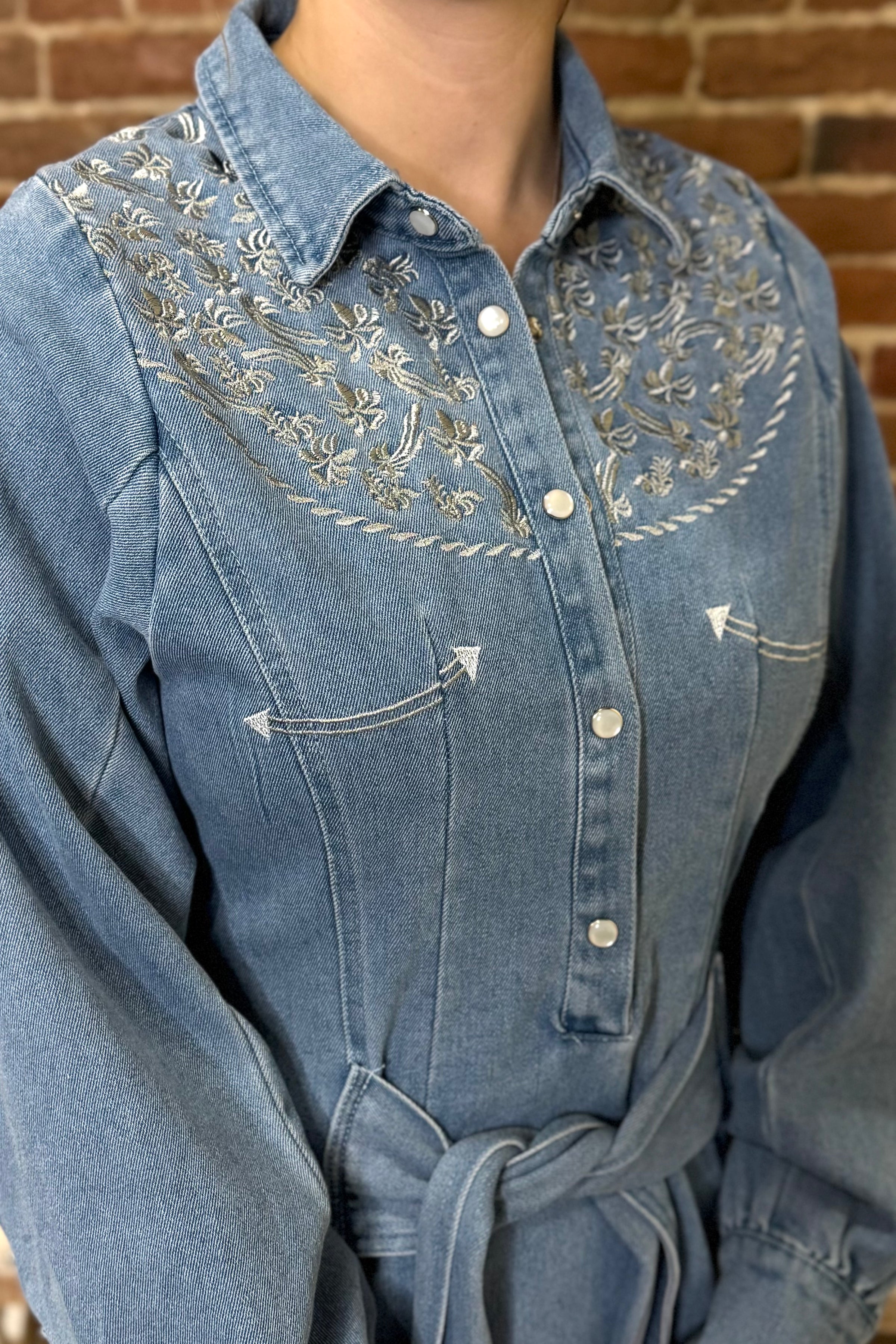 Western Bloom Belted Denim Dress-Dress-Blue B-Gallop 'n Glitz- Women's Western Wear Boutique, Located in Grants Pass, Oregon
