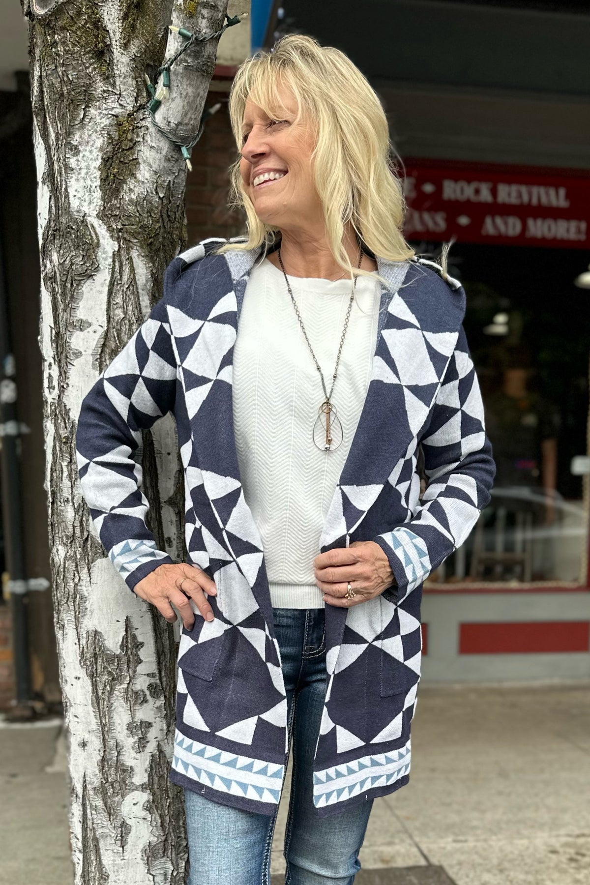 Navy and White Cozy Hooded Cardigan-Cardigan-Rain and Rose-Gallop 'n Glitz- Women's Western Wear Boutique, Located in Grants Pass, Oregon