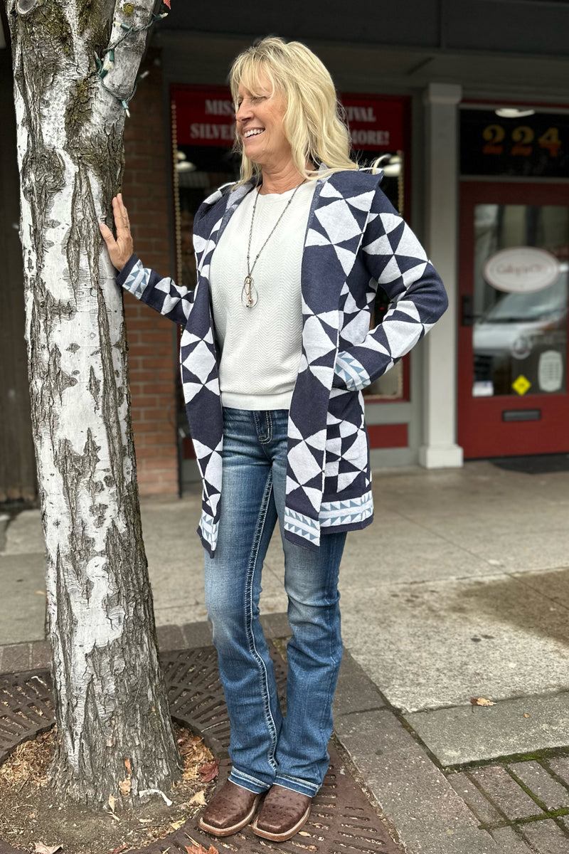 Navy and White Cozy Hooded Cardigan-Cardigan-Rain and Rose-Gallop 'n Glitz- Women's Western Wear Boutique, Located in Grants Pass, Oregon