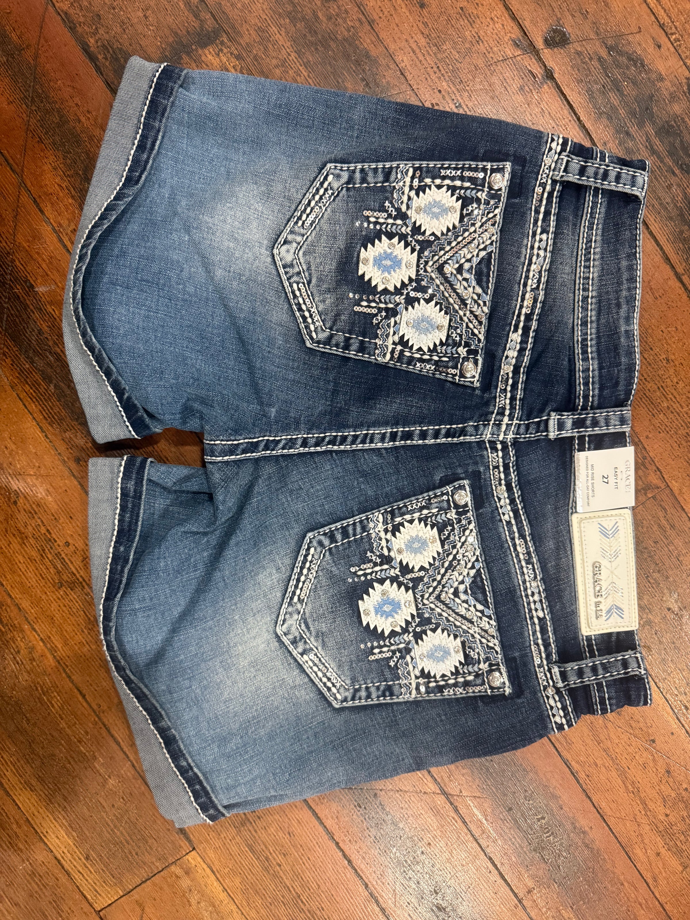 Embroidered Aztec Easy Fit Denim Shorts by Grace in LA-Shorts-Grace in LA-Gallop 'n Glitz- Women's Western Wear Boutique, Located in Grants Pass, Oregon