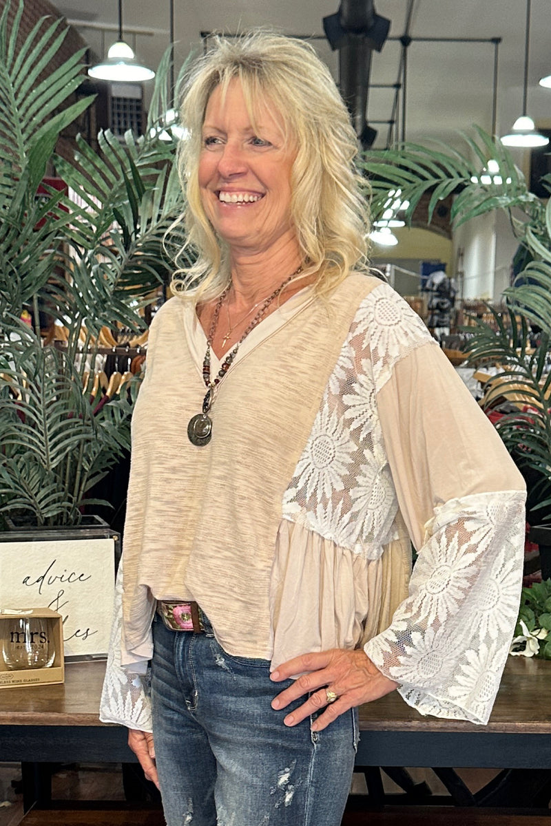 V- Neck Flare Sleeve Lace Detail Beige Top by POL-top-POL-Gallop 'n Glitz- Women's Western Wear Boutique, Located in Grants Pass, Oregon