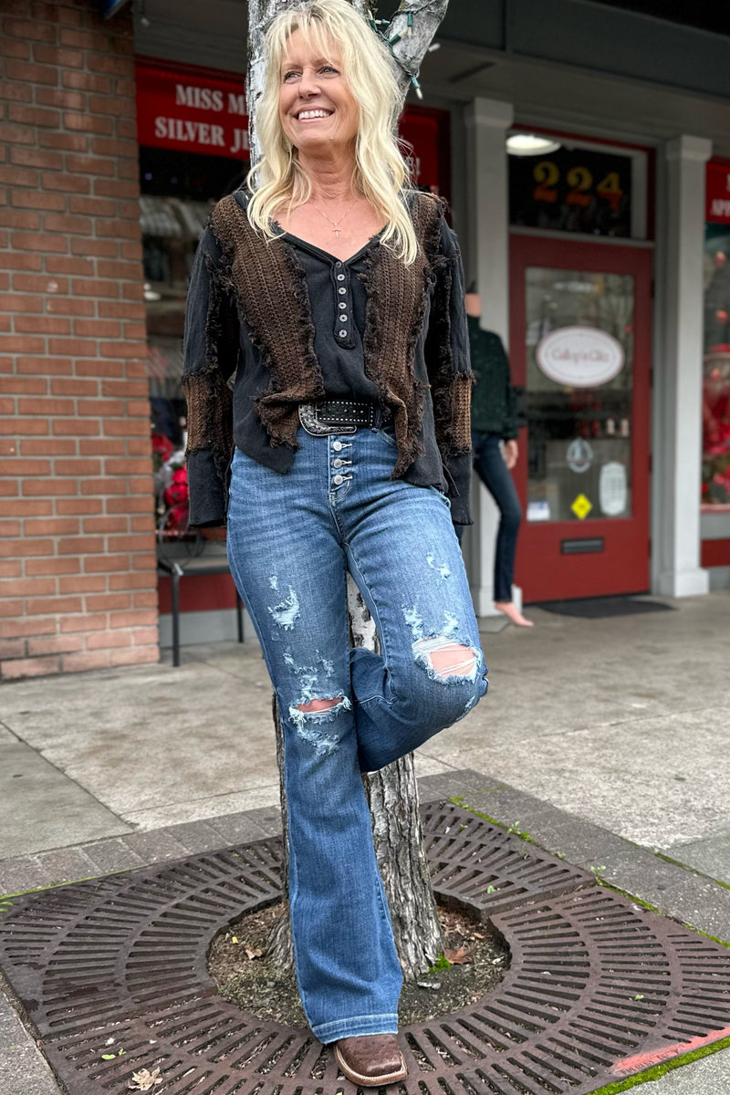 V-Neck Button Top with Fringe Stitching-top-POL-Gallop 'n Glitz- Women's Western Wear Boutique, Located in Grants Pass, Oregon