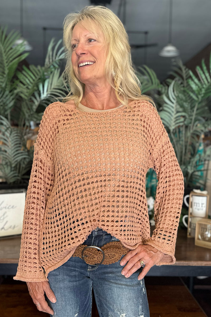 Crochet Mesh Top with Bell Sleeves by POL-top-POL-Gallop 'n Glitz- Women's Western Wear Boutique, Located in Grants Pass, Oregon