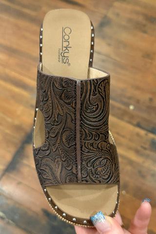 KISS N TELL Chocolate Embossed Wedges By Corkys-Women's Shoes-Corkys-Gallop 'n Glitz- Women's Western Wear Boutique, Located in Grants Pass, Oregon