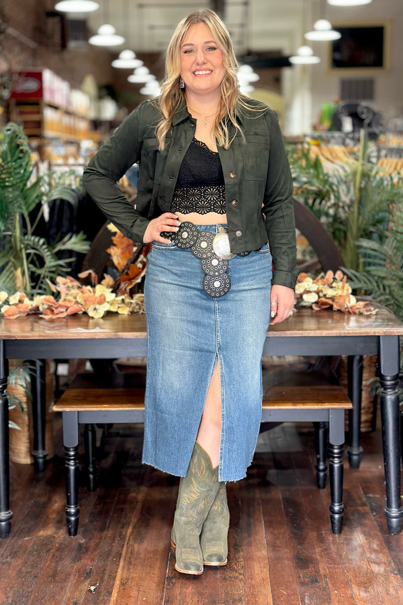 Matilda Hunter Green Crop Trucker Jacket by Kut From The Kloth-Jacket-Kut From The Kloth-Gallop 'n Glitz- Women's Western Wear Boutique, Located in Grants Pass, Oregon