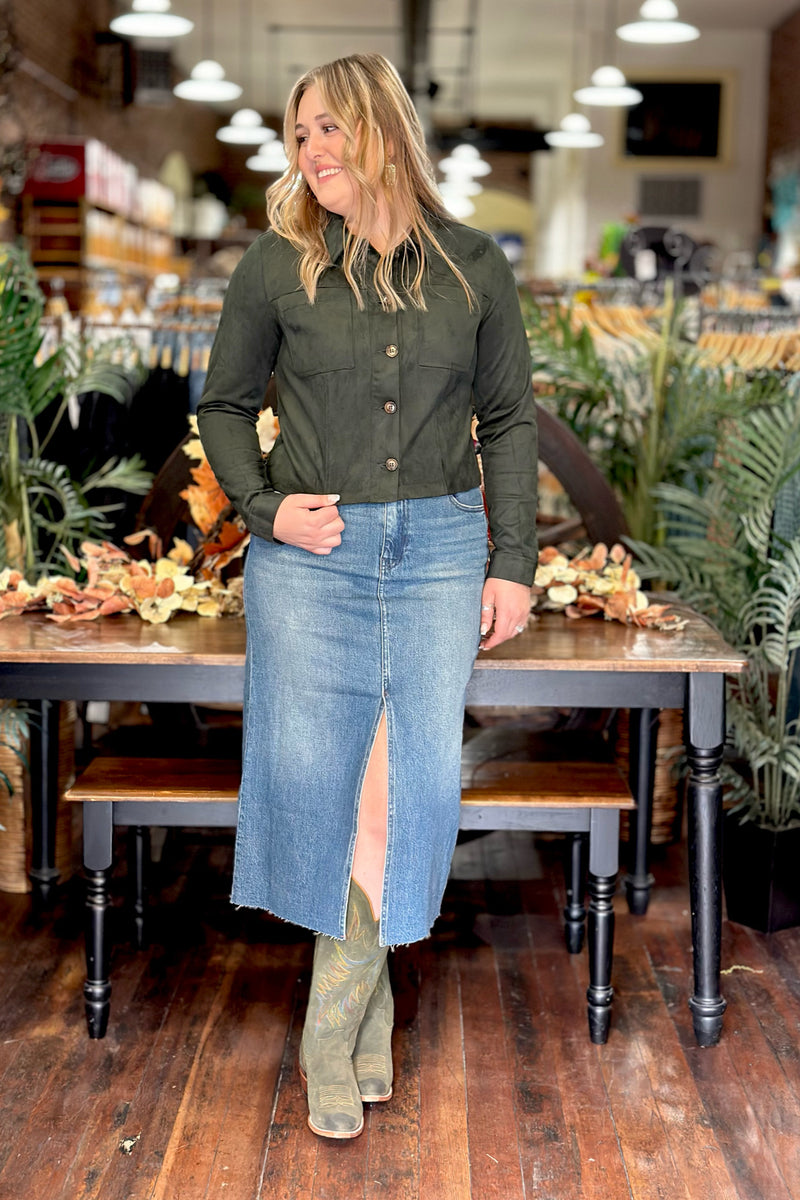 Matilda Hunter Green Crop Trucker Jacket by Kut From The Kloth-Jacket-Kut From The Kloth-Gallop 'n Glitz- Women's Western Wear Boutique, Located in Grants Pass, Oregon