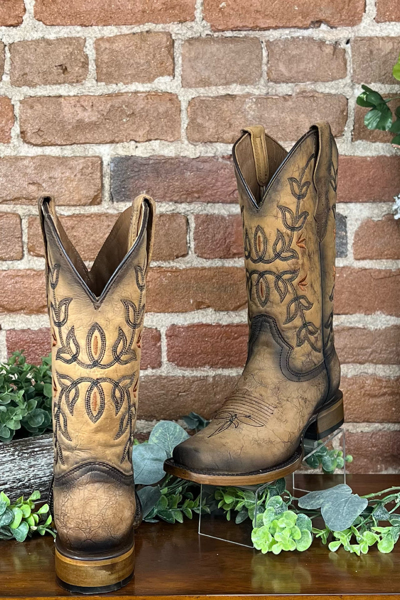 Ladies Distressed Brown Floral Circle G Boot by Corral Boots-Boot-Circle G Boots-Gallop 'n Glitz- Women's Western Wear Boutique, Located in Grants Pass, Oregon