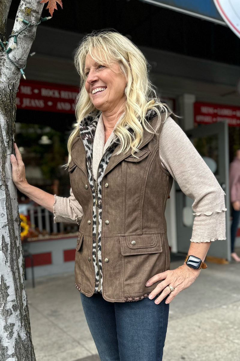 Faux Leather Vest with Leopard Trims and Hood-Vest-Montana Co-Gallop 'n Glitz- Women's Western Wear Boutique, Located in Grants Pass, Oregon