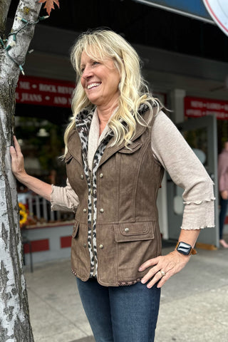 Faux Leather Vest with Leopard Trims and Hood-Vest-Montana Co-Gallop 'n Glitz- Women's Western Wear Boutique, Located in Grants Pass, Oregon