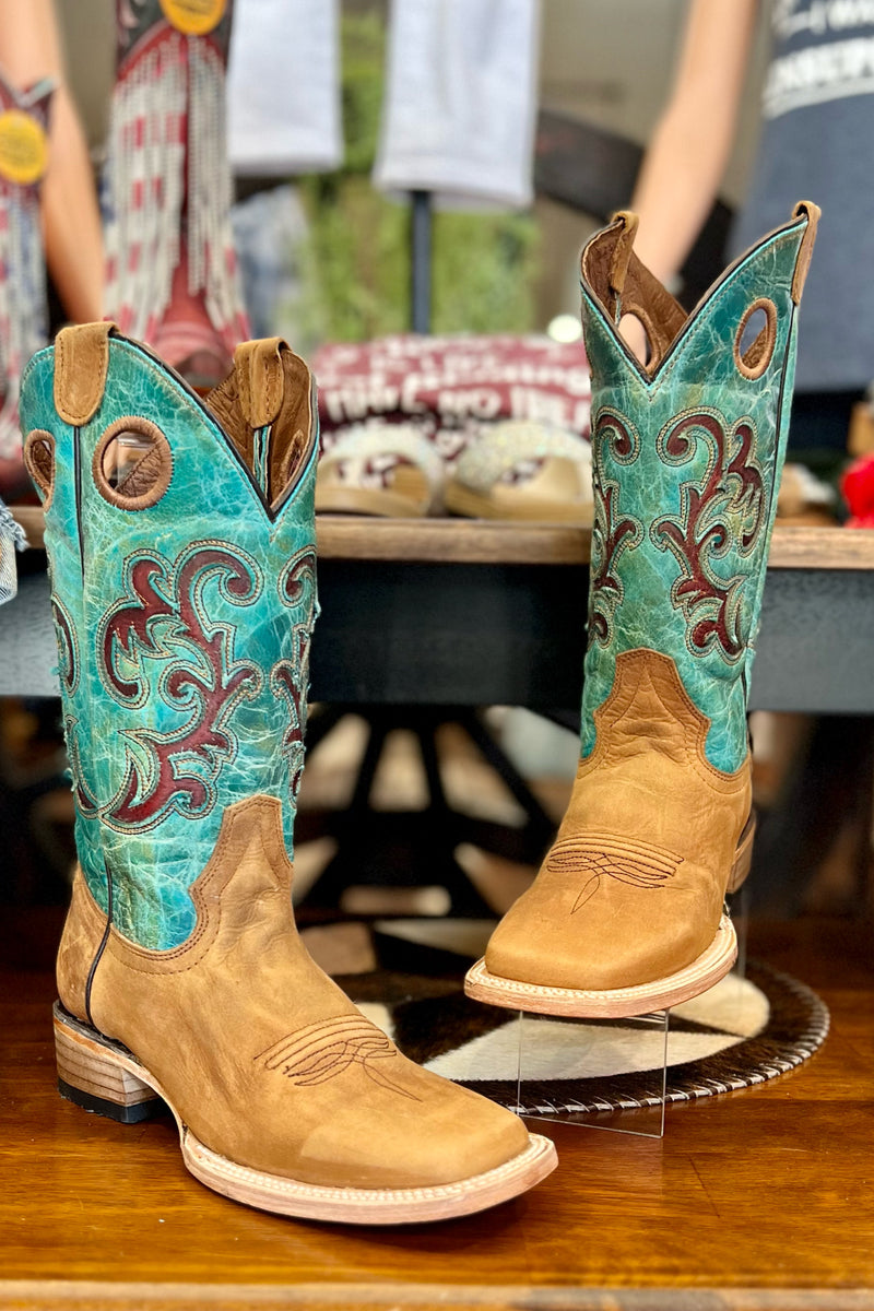 Circle G by Corral Women's Honey & Turquoise Inlay Embroidery Square Toe Boots-Ladies Boot-Corral Boots/Circle G by Corral Boots-Gallop 'n Glitz- Women's Western Wear Boutique, Located in Grants Pass, Oregon
