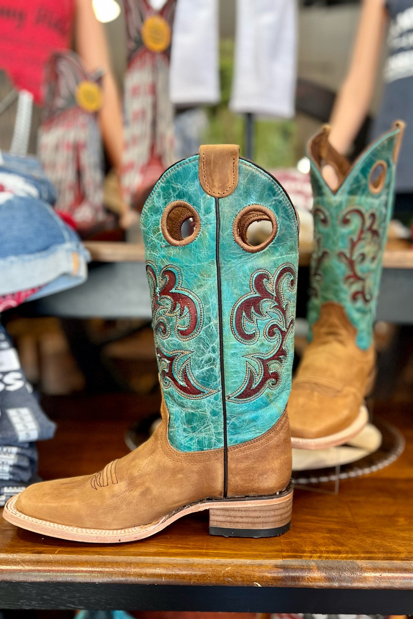 Circle G by Corral Women's Honey & Turquoise Inlay Embroidery Square Toe Boots-Ladies Boot-Circle G Boots-Gallop 'n Glitz- Women's Western Wear Boutique, Located in Grants Pass, Oregon