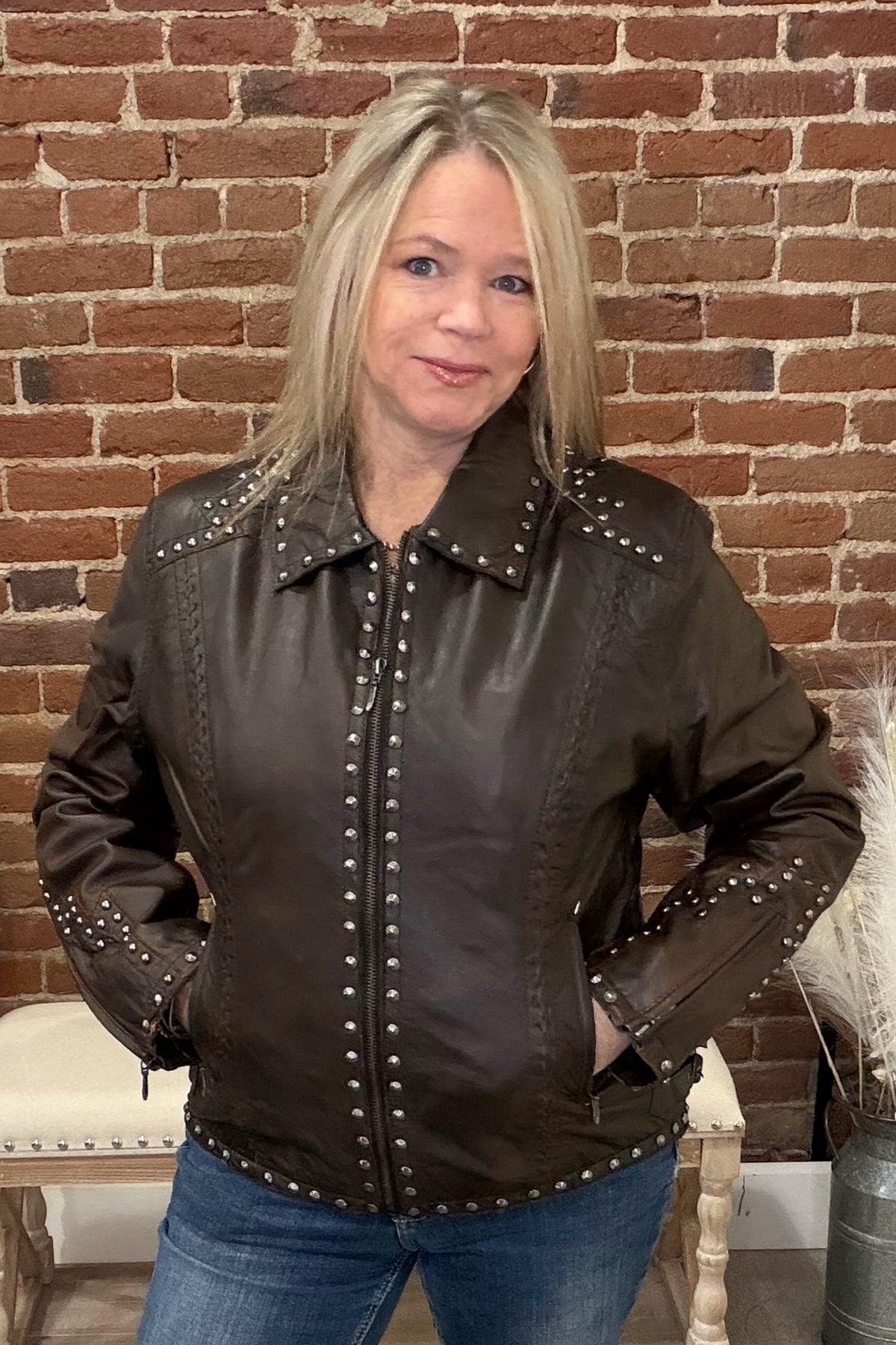 Concho And Studs Genuine Leather Jacket by Cripple Creek-Jacket-Cripple Creek-Gallop 'n Glitz- Women's Western Wear Boutique, Located in Grants Pass, Oregon