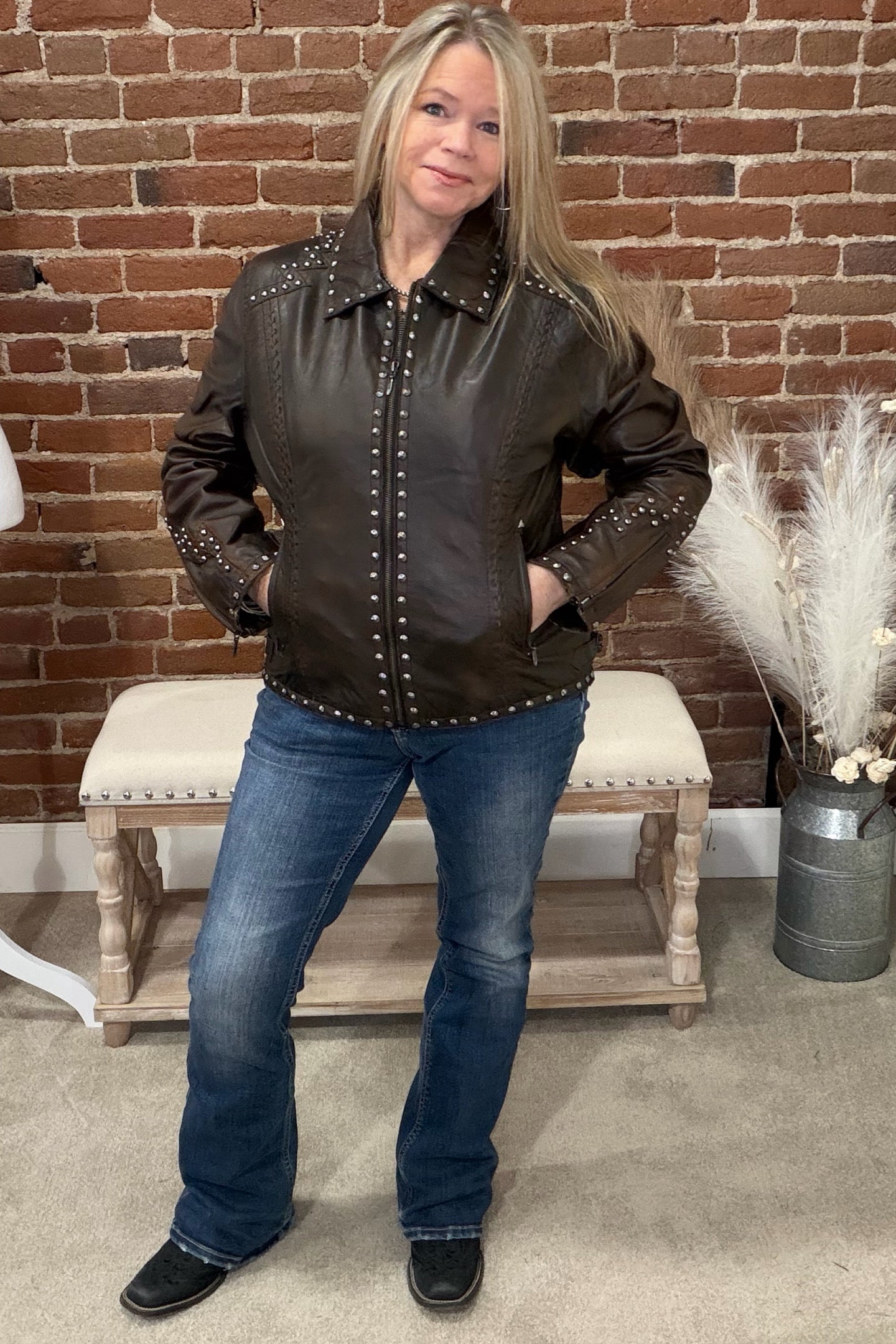 Concho And Studs Genuine Leather Jacket by Cripple Creek-Jacket-Cripple Creek-Gallop 'n Glitz- Women's Western Wear Boutique, Located in Grants Pass, Oregon