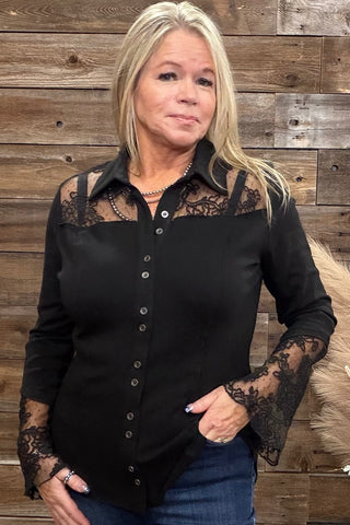 Lace On The Range Black Button Up Top-Button Up-Vocal-Gallop 'n Glitz- Women's Western Wear Boutique, Located in Grants Pass, Oregon