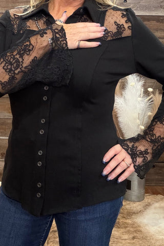 Lace On The Range Black Button Up Top-Button Up-Vocal-Gallop 'n Glitz- Women's Western Wear Boutique, Located in Grants Pass, Oregon