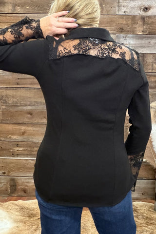 Lace On The Range Black Button Up Top-Button Up-Vocal-Gallop 'n Glitz- Women's Western Wear Boutique, Located in Grants Pass, Oregon
