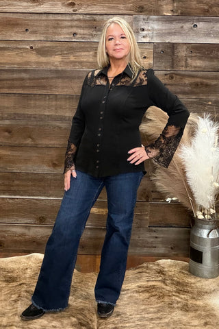 Lace On The Range Black Button Up Top-Button Up-Vocal-Gallop 'n Glitz- Women's Western Wear Boutique, Located in Grants Pass, Oregon