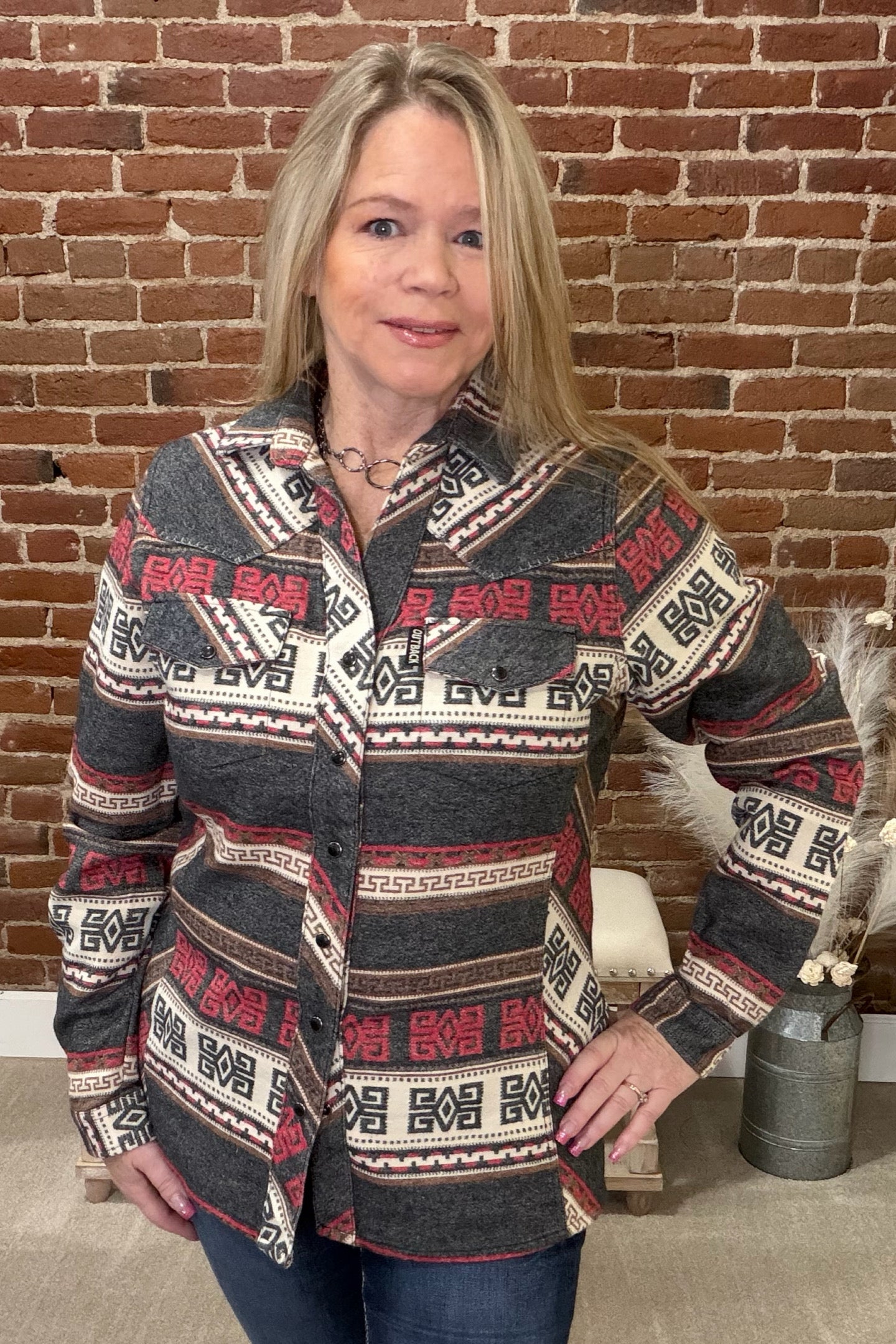 Lorelei Grey Snap Shirt by Outback-top-Outback Trading-Gallop 'n Glitz- Women's Western Wear Boutique, Located in Grants Pass, Oregon