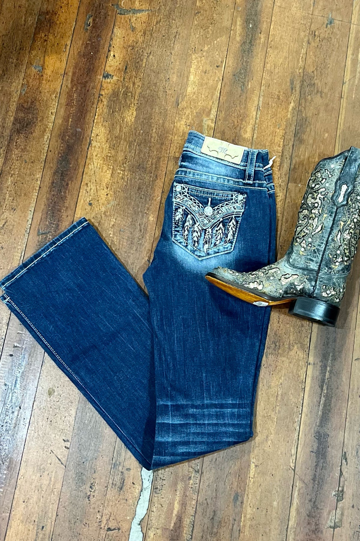 Miss Me 'Falling For Feathers' Mid Rise Boot Cut Jean-Bootcut-Miss Me-Gallop 'n Glitz- Women's Western Wear Boutique, Located in Grants Pass, Oregon