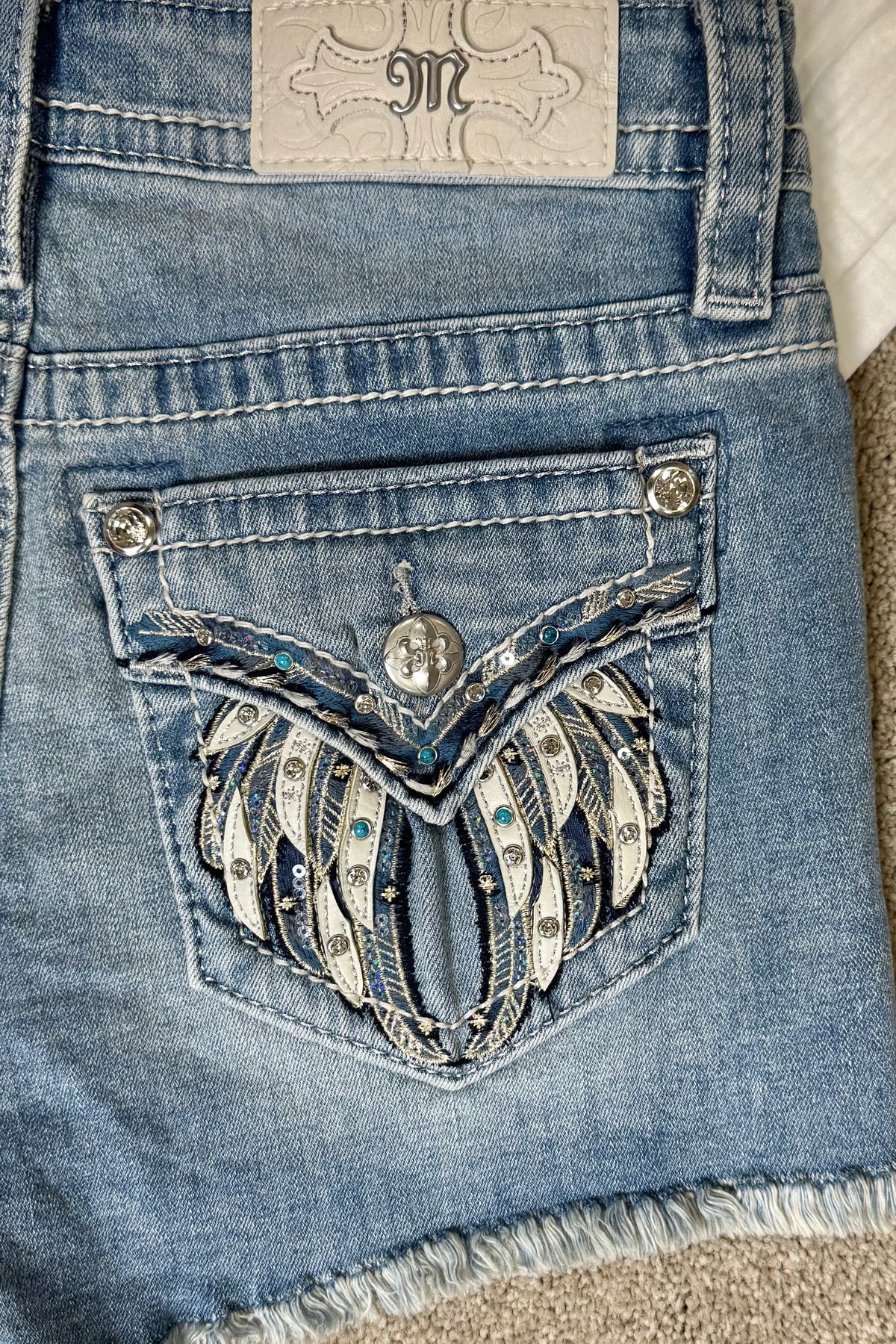 Turquoise Feather Denim Short by Miss Me-Shorts-Miss Me-Gallop 'n Glitz- Women's Western Wear Boutique, Located in Grants Pass, Oregon