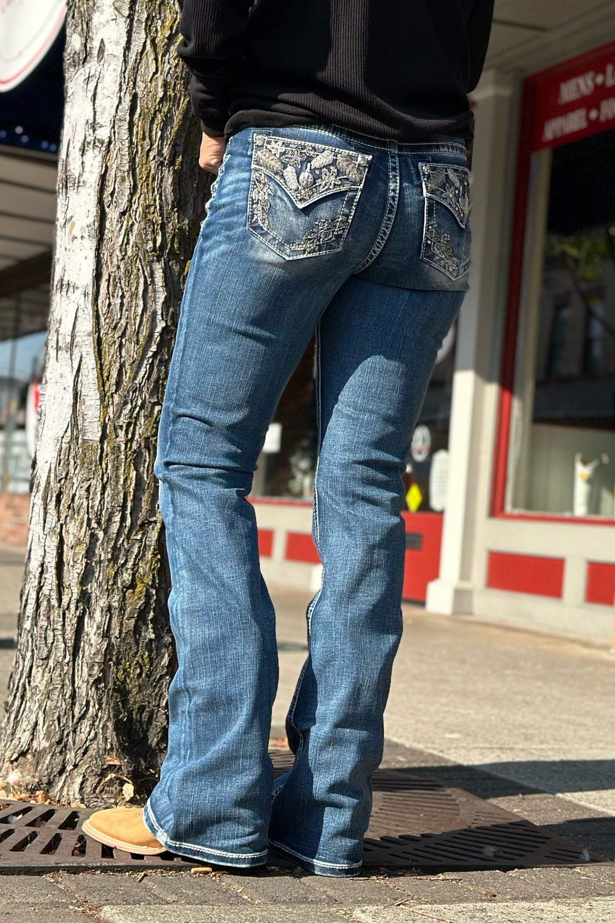 Miss Me Mid Rise "Autumn Vibes" Denim Bootcut Jean-Bootcut-Miss Me-Gallop 'n Glitz- Women's Western Wear Boutique, Located in Grants Pass, Oregon