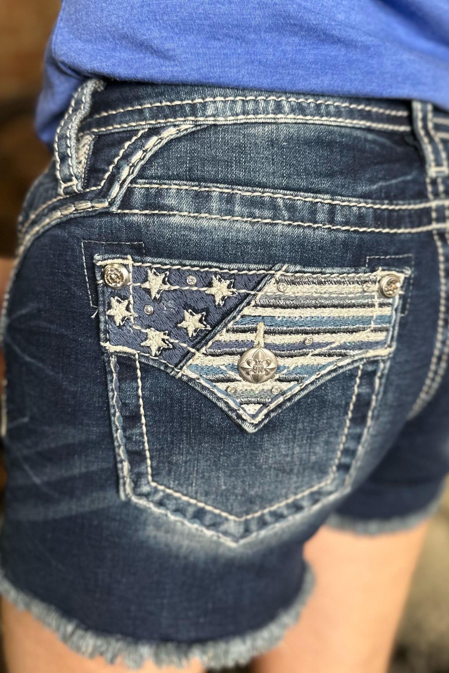 Americana Flap Denim Shorts by Miss Me-Shorts-Miss Me-Gallop 'n Glitz- Women's Western Wear Boutique, Located in Grants Pass, Oregon