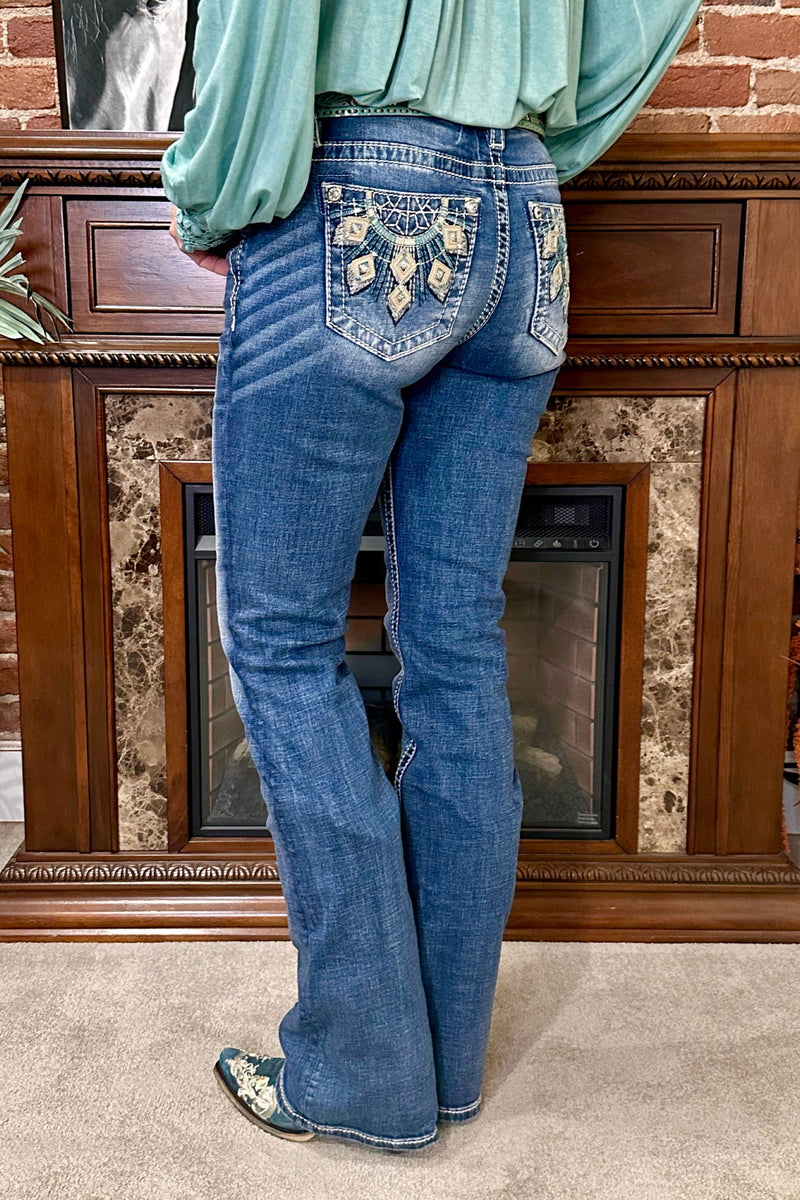 Turquoise Goddess Mid Rise Bootcut Jean by Miss Me-Bootcut-Miss Me-Gallop 'n Glitz- Women's Western Wear Boutique, Located in Grants Pass, Oregon