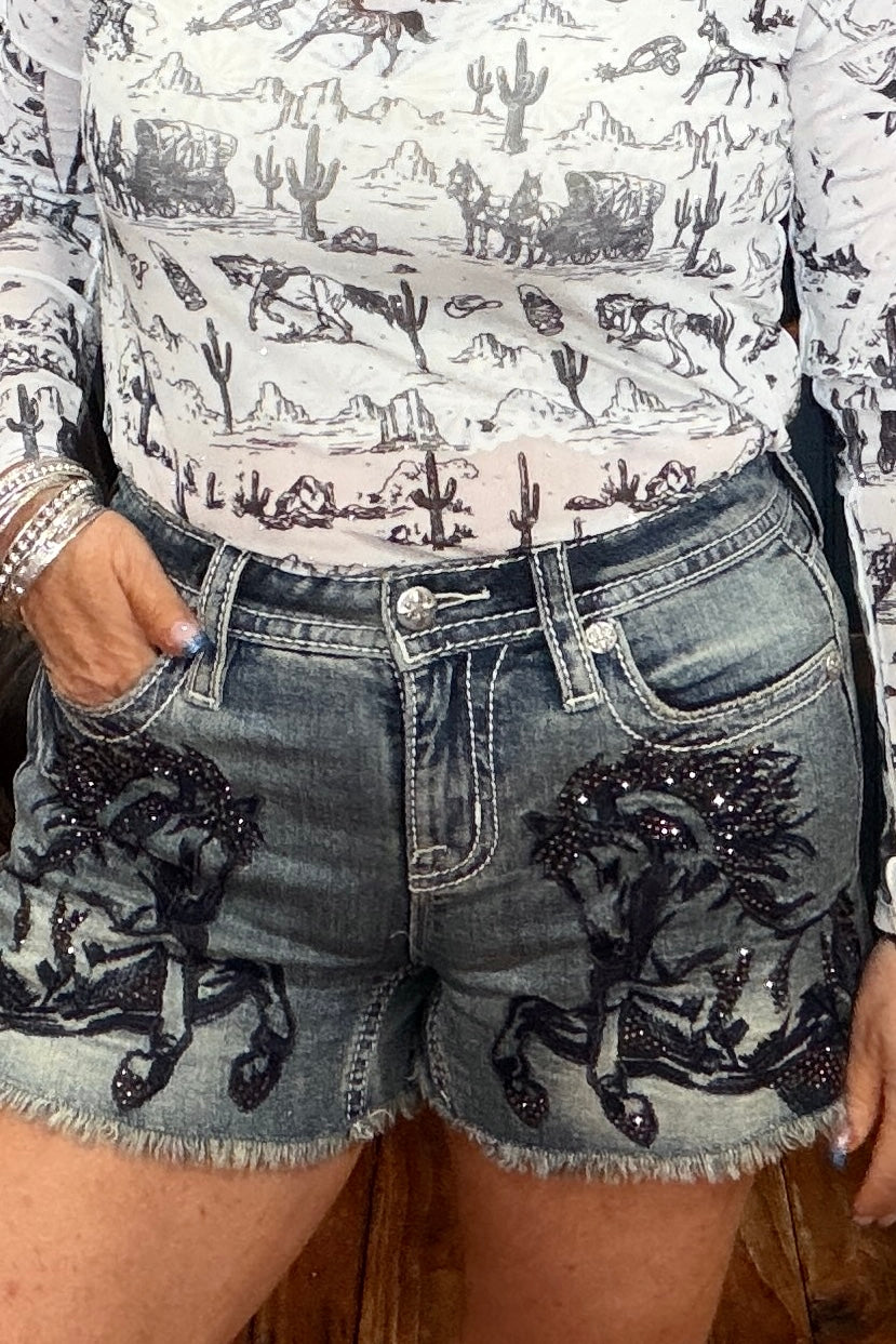 Black Stallion Denim Shorts by Miss Me-Shorts-Miss Me-Gallop 'n Glitz- Women's Western Wear Boutique, Located in Grants Pass, Oregon