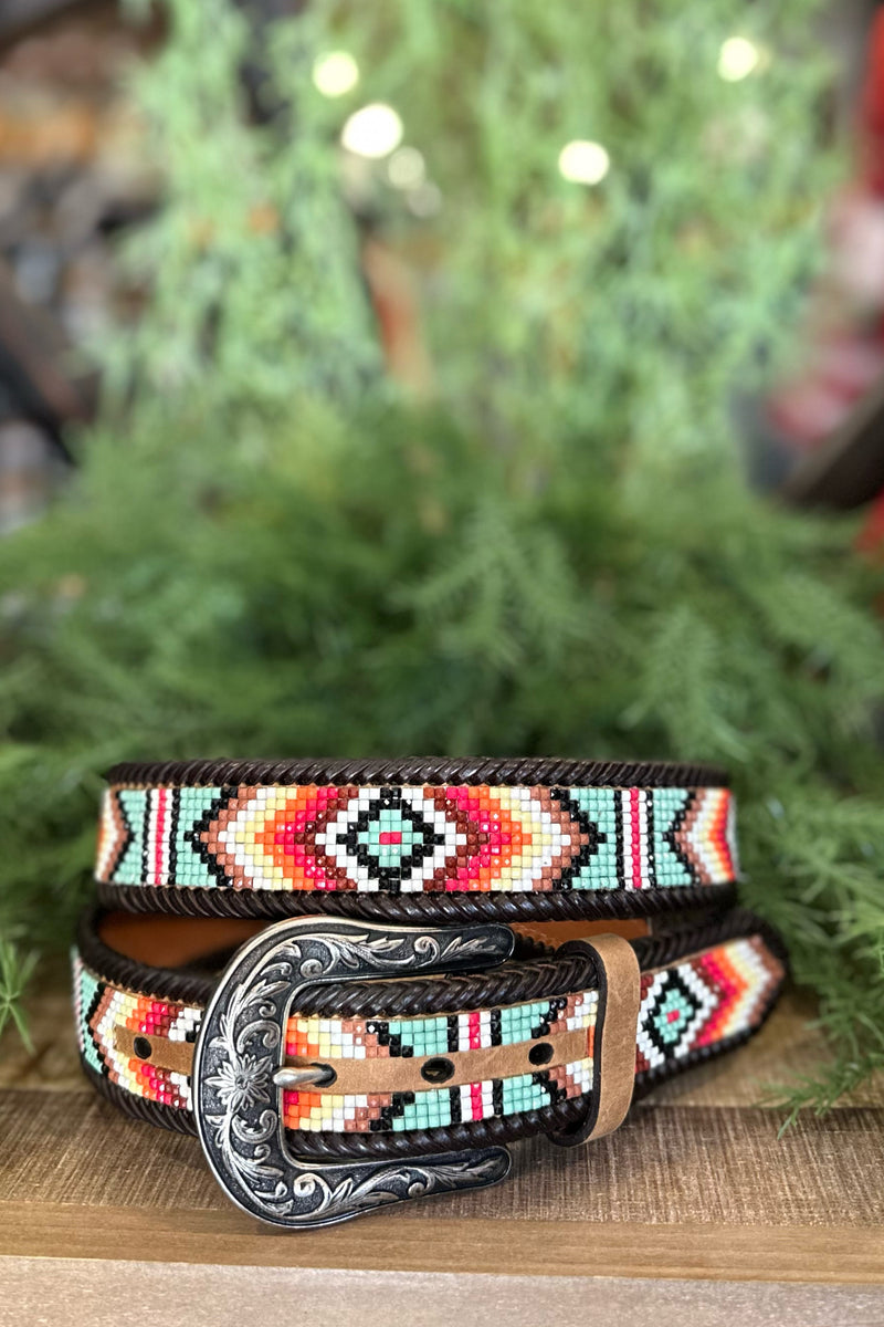Nocona Women's Aztec Beaded Leather Belt-Belt-M&F-Gallop 'n Glitz- Women's Western Wear Boutique, Located in Grants Pass, Oregon