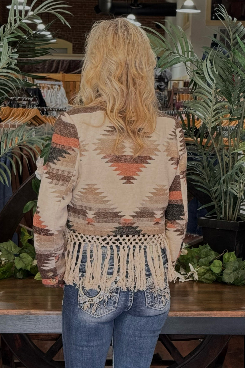 Aztec Cropped Blazer with Tied Fringe-Jacket-Miss Me-Gallop 'n Glitz- Women's Western Wear Boutique, Located in Grants Pass, Oregon