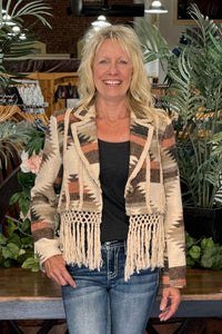 Aztec Cropped Blazer with Tied Fringe-Jacket-Miss Me-Gallop 'n Glitz- Women's Western Wear Boutique, Located in Grants Pass, Oregon