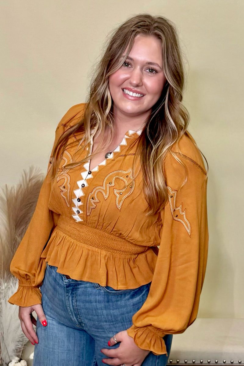 Desert Days Boho Rust Top By Miss Me-Top-Miss Me-Gallop 'n Glitz- Women's Western Wear Boutique, Located in Grants Pass, Oregon