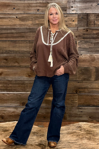 The Indie Lace Up Top By Miss Me-Top-Miss Me-Gallop 'n Glitz- Women's Western Wear Boutique, Located in Grants Pass, Oregon