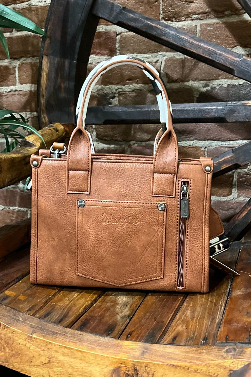 Wrangler Full Brown Cow Print Concealed Carry Crossbody Tote-Handbags & Accessories-Montana West-Gallop 'n Glitz- Women's Western Wear Boutique, Located in Grants Pass, Oregon